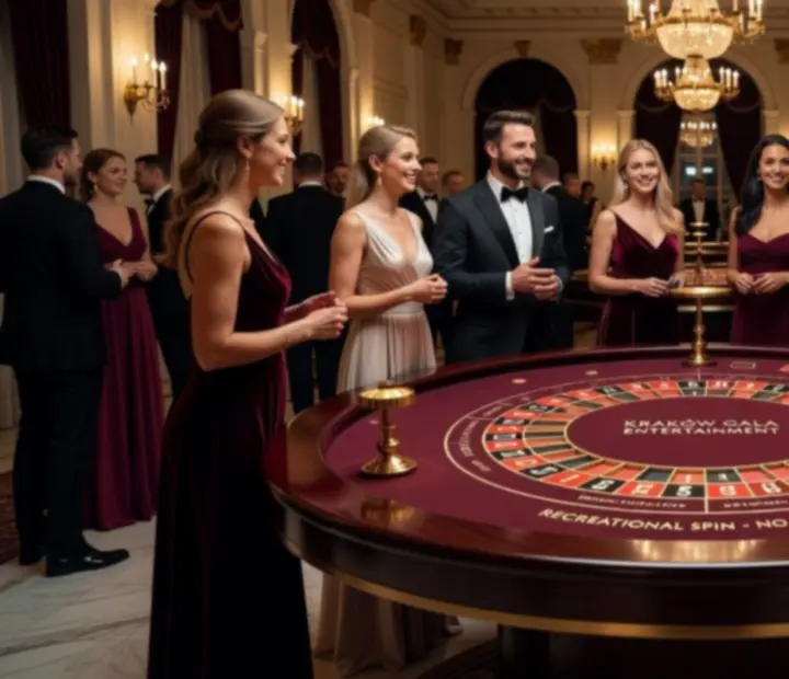 Gala tematyczna z rekreacyjnym stołem ruletkowym w eleganckiej sali w Krakowie