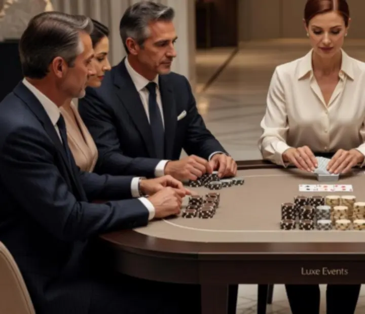 Ekskluzywny kącik pokerowy z eleganckim stołem i krupierem podczas wydarzenia