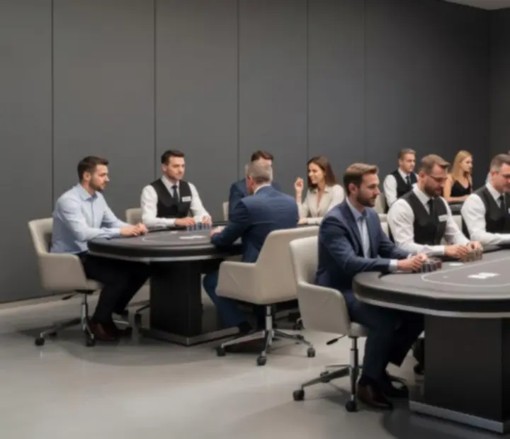 Wieczór korporacyjny z profesjonalnie zaaranżowanymi stołami pokerowymi w Warszawie